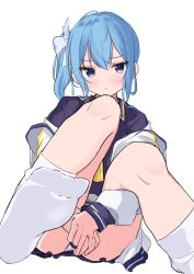 Rule 34 | 1girl, :t, absurdres, blue eyes, blue hair, blue shirt, blush, collared shirt, commentary request, covering privates, covering crotch, feet, foot out of frame, foreshortening, hair ribbon, highres, hololive, hoshimachi suisei, hoshimachi suisei (school uniform), jacket, knees up, kuronekootuta, long hair, miniskirt, neckerchief, no shoes, off shoulder, pleated skirt, pout, ribbon, shirt, side ponytail, sidelocks, simple background, sitting, skirt, socks, soles, solo, star (symbol), star in eye, symbol in eye, thighs, virtual youtuber, white background, white jacket, white socks, yellow neckerchief