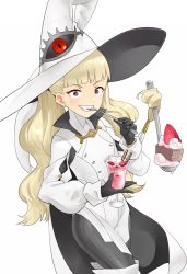 Rule 34 | 1girl, black gloves, blonde hair, blunt bangs, cake, cup, earrings, eitri (fire emblem), fire emblem, fire emblem heroes, food, fruit, gloves, hat, highres, holding, holding cup, holding spoon, igni tion, jewelry, long hair, long sleeves, looking at viewer, nintendo, parfait, prehensile hair, puffy sleeves, purple eyes, smile, solo, spoon, strawberry, teeth, tri tails, utensil in mouth, white background, white hat, witch hat
