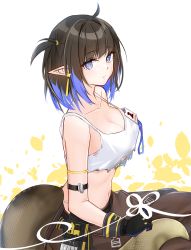 Rule 34 | 1girl, absurdres, ahoge, arknights, bare shoulders, belt, black gloves, blue eyes, blue hair, blush, breasts, bright pupils, brown hair, brown pants, cleavage, closed mouth, collarbone, crop top, earrings, eunectes (arknights), eunectes (forgemaster) (arknights), from side, gloves, highres, jewelry, lalihop, large breasts, looking to the side, multicolored hair, navel, official alternate costume, one side up, ooarai school uniform, pants, pointy ears, school uniform, short hair, sitting, snake tail, solo, strap gap, tail, torn, two-tone background, two-tone hair, white background, yellow background