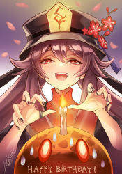 Rule 34 | 1girl, black coat, black headwear, blush, breasts, brown hair, candle, claw pose, coat, flower, genshin impact, hat, hat flower, highres, hu tao (genshin impact), jewelry, long hair, long sleeves, looking at viewer, nekobayashi, open mouth, plum blossoms, red eyes, ring, slime (genshin impact), small breasts, smile, sweatdrop, symbol-shaped pupils, twintails, very long hair