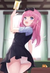 Rule 34 | !, 1girl, 2drr, :d, arm up, ass, between fingers, black bow, black dress, blouse, blue eyes, blurry, blurry background, blush, bow, card, commentary request, curtains, day, depth of field, dice, dress, from behind, fujiwara chika, hair bow, highres, holding, holding card, indoors, kaguya-sama wa kokurasetai ~tensai-tachi no renai zunousen~, long hair, looking at viewer, looking back, open mouth, panties, pink hair, school uniform, shirt, short sleeves, shuuchiin academy school uniform, sleeveless, sleeveless dress, smile, solo, standing, sunlight, underwear, v-shaped eyebrows, white panties, white shirt, window