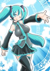Rule 34 | ;d, blue eyes, blue hair, hatsune miku, looking at viewer, one eye closed, open mouth, qm, smile, twintails, vocaloid