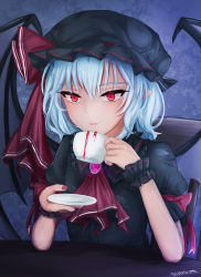 Rule 34 | 1girl, ascot, baguette (baguettech), bat wings, black dress, blood, blue hair, bow, brooch, commission, cup, dress, drinking, fang, frilled shirt, frilled shirt collar, frilled sleeves, frills, hat, hat ribbon, head rest, highres, jewelry, mob cap, photoshop (medium), puffy short sleeves, puffy sleeves, red bow, red eyes, red ribbon, remilia scarlet, ribbon, ribbon trim, shirt, short hair, short sleeves, touhou, wings, wrist cuffs