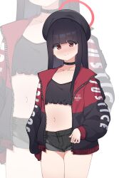 Rule 34 | 1girl, absurdres, alternate costume, beret, black camisole, black choker, black hair, black hat, black shorts, blue archive, blunt bangs, blush, camisole, casual, choker, collarbone, crop top, halo, hat, highres, hrna, jacket, justice task force member (blue archive), long sleeves, looking at viewer, midriff, multicolored clothes, multicolored jacket, navel, open clothes, open jacket, red eyes, red halo, short shorts, shorts, simple background, solo, stomach, two-tone jacket, white background, zoom layer