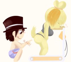 Rule 34 | 1boy, 1girl, animal crossing, animal ears, aoimua, beige background, black eyes, black hair, black headwear, black panties, black shirt, blonde hair, blue shorts, bra, breasts, brown hair, closed eyes, dog, dog ears, dog tail, from side, full body, furry, hair tie, hands together, hands up, hat, isabelle (animal crossing), kanchou, large breasts, leaning forward, licking lips, looking down, matching hair/eyes, nintendo, open mouth, panties, shirt, short hair, shorts, simple background, sleeveless, sleeveless shirt, smile, squatting, standing, sweat, tail, tank top, text focus, tired, tongue, tongue out, top hat, topless male, translation request, treadmill, underwear, villager (animal crossing), wet