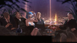 Rule 34 | 1girl, 4boys, aaa606, azur lane, blue hair, blurry, blurry foreground, bracelet, breasts, champagne flute, cigar, cityscape, cleavage, cup, depth of field, dress, drinking glass, earrings, closed eyes, formal, glint, hand on another&#039;s knee, highres, huge breasts, indoors, jewelry, long hair, multiple boys, necklace, necktie, night, side ponytail, silver dress, sitting, smoke, st. louis (azur lane), st. louis (luxurious wheels) (azur lane), suit, wine glass