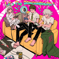 Rule 34 | :o, ahoge, album cover, alternate costume, animal ears, barefoot, black pants, bow, breast pocket, brown eyes, brown hair, brown skirt, buttons, cable, collared shirt, commentary request, controller, copyright name, cosplay, couch, cover, danganronpa (series), danganronpa 2: goodbye despair, diaper, double-breasted, ear bow, fake animal ears, flipped hair, game console, game controller, green jacket, green neckwear, grey hair, halftone, handheld game console, hands up, highres, hinata hajime, holding, holding controller, holding phone, hood, hood up, jacket, komaeda nagito, long sleeves, lying, miniskirt, monokuma, monomi (danganronpa), monomi (danganronpa) (cosplay), multiple boys, nanami chiaki, necktie, no shoes, on couch, orange bow, palm tree print, pants, phone, pillow, pink background, pink hair, playing games, playstation controller, playstation portable, pocket, print shirt, rabbit ears, shirt, short sleeves, skirt, smile, speech bubble, tege (tege xxx), thighhighs, unworn jacket, video game cover, video game cover (object), white shirt