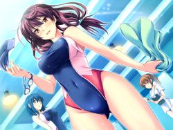 Rule 34 | 3girls, aqua eyes, blue hair, brown hair, character request, competition swimsuit, covered navel, game cg, goggles, unworn goggles, long hair, marushin (denwa0214), multiple girls, one-piece swimsuit, ponytail, purple eyes, red hair, shinohara katsumi, supokon! sports wear complex, swim cap, swimsuit, towel, wet