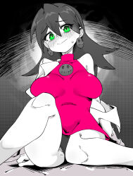 Rule 34 | 1girl, absurdres, blush, breasts, buzzlyears, covered collarbone, dress, earrings, green eyes, highres, jewelry, lab coat, large breasts, limited palette, long hair, mega man (series), mega man legends (series), nervous, panties, partially colored, pink dress, single bare shoulder, single off shoulder, skull brooch, skull earrings, solo, tron bonne (mega man), underwear