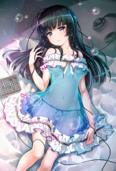 Rule 34 | 1girl, akata itsuki, bang dream!, bare shoulders, black hair, blush, bow, bow panties, breasts, cable, closed mouth, collarbone, commentary request, dress, frilled dress, frills, from above, groin, headphones, highres, keyboard (computer), lens flare, long hair, looking at viewer, lying, medium breasts, navel, on back, panties, purple eyes, see-through, shirokane rinko, smile, solo, sparkle, strapless, strapless dress, underwear, white panties