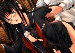 Rule 34 | 1boy, 1girl, ano hito, black hair, book, bra, bra lift, breasts, clothed sex, clothes lift, glasses, hetero, library, long hair, nipples, one breast out, pleated skirt, school uniform, serafuku, sex, shelf, skirt, skirt lift, small breasts, underwear, vaginal