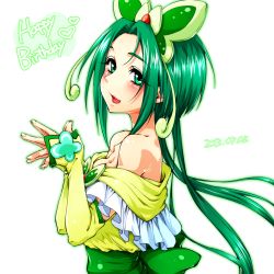 Rule 34 | 00s, 10s, 1girl, 2013, akimoto komachi, arm warmers, bad id, bad pixiv id, bare shoulders, birthday, butterfly hair ornament, cure mint, dated, detached sleeves, dress, english text, fingerless gloves, gloves, green dress, green eyes, green hair, green skirt, hair ornament, happy birthday, heart, jewelry, long hair, looking at viewer, magical girl, matching hair/eyes, neziiro, open mouth, precure, simple background, skirt, smile, solo, twintails, white background, yes! precure 5