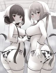 Rule 34 | 2girls, animal print, ass, ass tattoo, bandana, barcode, barcode tattoo, bikini, blend s, blush, breasts, breath, butt crack, commentary request, cow print, cow tail, cowboy shot, from behind, gloves, greyscale, hanetu, head scarf, hinata kaho, large breasts, long hair, looking at viewer, looking back, low twintails, medium breasts, monochrome, multiple girls, sakuranomiya maika, standing, swimsuit, tail, tattoo, thighhighs, twintails