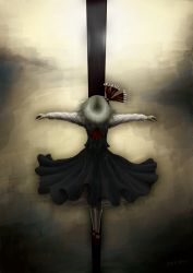 Rule 34 | 1girl, artist name, ascot, basoboo-bumboo, bow, crucifixion, darkness, female focus, gradient background, grey hair, hair ribbon, head down, long sleeves, outstretched arms, ribbon, rumia, short hair, skirt, skirt set, solo, spread arms, touhou, vest