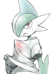 Rule 34 | bad id, bad pixiv id, clothes lift, creatures (company), fang, gallade, game freak, gen 4 pokemon, lifted by self, looking at viewer, nintendo, no humans, open mouth, pokemon, pokemon (creature), red eyes, see-through, shirt, shirt lift, short sleeves, simple background, solo, upper body, utsugi (skydream), white background, white shirt