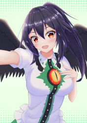 Rule 34 | 1girl, :d, absurdres, alternate hairstyle, bird wings, black hair, black wings, blush, breasts, commentary request, green background, head tilt, highres, large breasts, long hair, looking at viewer, o1118, open mouth, outstretched arm, ponytail, red eyes, reiuji utsuho, selfie, shirt, short sleeves, smile, solo, third eye, touhou, upper body, white shirt, wings