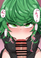 Rule 34 | 1girl, absurdres, bar censor, begging, black dress, blush, censored, collarbone, curly hair, dot nose, dress, fellatio, gradient background, green eyes, green hair, heart, heart-shaped pupils, highres, looking at viewer, matching hair/eyes, one-punch man, oral, penis, pink background, rokita, seiza, side slit, sitting, solo, sweatdrop, symbol-shaped pupils, tatsumaki, thighs, tongue, translation request, veins, veiny penis