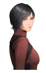 Rule 34 | 1girl, ada wong, ashley swidowski, black hair, breasts, brown eyes, highres, holster, long sleeves, looking at viewer, looking back, medium breasts, parted lips, red shirt, resident evil, resident evil 6, shirt, short hair, solo, swept bangs, turtleneck, upper body, white background