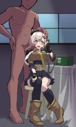 Rule 34 | 1boy, 1girl, annoyed, blush, breasts, clothed female nude male, formerly, girls&#039; frontline, green hair, large breasts, multitasking, nude, open mouth, orange eyes, penis, penis on face, svd (girls&#039; frontline), uncensored