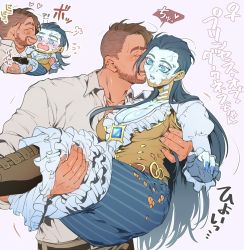 Rule 34 | 1boy, 1girl, animification, apex legends, belt, black belt, black footwear, blue dress, blue eyes, blue gloves, blue hair, blue nails, blue skin, blush, boots, breasts, brown hair, brown pants, brown shirt, carrying, cleavage, collared shirt, colored skin, crypto (apex legends), dark-skinned male, dark skin, dress, embarrassed, fingerless gloves, frilled dress, frilled shirt, frills, genderswap, genderswap (mtf), gloves, grey background, hetero, kiss, kissing cheek, large breasts, long hair, midnight cipher crypto, mirage (apex legends), nail polish, official alternate costume, pants, princess carry, senbiki (nonono69), shirt, surprised, very long hair, white shirt