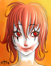 Rule 34 | 1girl, clown, drawing on another&#039;s face, female focus, gender request, genderswap, gradient background, makeup, mcdonald&#039;s, red eyes, red hair, ronald mcdonald, short hair, smile, solo