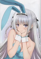 Rule 34 | 1girl, absurdres, animal ears, bare shoulders, blue eyes, blush, braid, breasts, cleavage, closed mouth, collarbone, dai-you (tony taka), fake animal ears, floral print, grey hair, highres, long hair, looking at viewer, medium breasts, scan, simple background, smile, solo, strapless, tony taka, upper body, wrist cuffs
