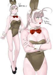 Rule 34 | 1girl, alternate costume, animal ears, antenna hair, bare legs, bare shoulders, black footwear, bow, bowtie, breasts, brown leotard, cleavage, crossed arms, detached collar, fake animal ears, fake tail, full body, green eyes, hand on own hip, high heels, highres, kantai collection, kinugasa (kancolle), leotard, looking at viewer, medium breasts, multiple views, ojipon, open mouth, playboy bunny, rabbit ears, rabbit tail, red bow, red bowtie, see-through, shoulder strap, simple background, strapless, strapless leotard, tail, translation request, white background, wrist cuffs