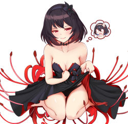 Rule 34 | 1girl, absurdres, bare arms, bare shoulders, barefoot, black choker, black dress, black flower, black hair, black panties, blush, breasts, chibi, choker, cleavage, closed mouth, clothes lift, clothes pull, collarbone, commentary, dress, dress lift, dress pull, flower, hair flower, hair ornament, hairband, highres, honkai (series), honkai impact 3rd, lifted by self, looking at viewer, medium breasts, merong, multicolored hair, panties, pulled by self, red eyes, red hair, seductive smile, seele (alter ego), seele vollerei, short hair, sitting, smile, strapless, strapless dress, teardrop, thought bubble, two-tone hair, underwear, wariza