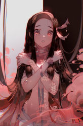 Rule 34 | 1girl, :o, artist name, bandages, bandaged arm, bandages, black hair, commentary request, cracked skin, crying, crying with eyes open, forehead, gradient hair, hair ribbon, kamado nezuko, kawacy, kimetsu no yaiba, long hair, looking at viewer, mismatched pupils, multicolored hair, nude, out-of-frame censoring, parted lips, pink ribbon, red eyes, red hair, ribbon, self hug, slit pupils, smoke, solo, sparkle, stomach, tears, two-tone background, upper body, very long hair