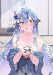 Rule 34 | 1girl, :d, ahoge, alcohol, bare shoulders, blue hair, blue nails, blurry, blurry background, breasts, choko (cup), cleavage, collarbone, cup, flower, hair between eyes, hair flower, hair ornament, heart, heart ahoge, highres, holding, holding cup, hololive, kanzarin, large breasts, long hair, looking at viewer, nail polish, off shoulder, open mouth, pointy ears, sake, smile, solo, sweatdrop, tatami, very long hair, virtual youtuber, yellow eyes, yukihana lamy