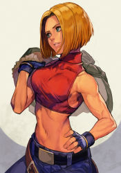 Rule 34 | 1girl, belt, blonde hair, blue eyes, blue gloves, blue mary, blue pants, cropped shirt, fatal fury, fingerless gloves, gloves, hand on own hip, hungry clicker, lips, looking to the side, midriff, muscular, muscular female, navel, pants, red shirt, shirt, short hair, snk, solo, the king of fighters