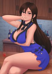 Rule 34 | 1girl, bar (place), blue dress, breasts, cleavage, dress, final fantasy, final fantasy vii, large breasts, long hair, seventh heaven, smile, solo, square enix, tavern, tifa lockhart, wall market