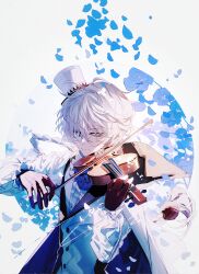 Rule 34 | 1boy, absurdres, baocaizi, black gloves, blue flower, bow (music), bungou stray dogs, commentary, film grain, flower, gloves, half mask, hat, highres, holding, holding bow (music), holding instrument, holding violin, instrument, jacket, long hair, male focus, mask, miniskirt, music, nikolai gogol (bungou stray dogs), petals, playing instrument, simple background, skirt, solo, top hat, upper body, violin, white background, white hair, white hat, white jacket