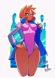 Rule 34 | 1girl, abs, absurdres, aurathyzora, blue eyes, breasts, competition swimsuit, cowboy shot, creatures (company), curvy, game freak, highleg, highleg swimsuit, highres, jacket, large breasts, legs, misty (pokemon), navel, nintendo, one-piece swimsuit, open clothes, open jacket, orange hair, pokemon, pokemon hgss, shiny clothes, simple background, solo, standing, swimsuit, thick thighs, thighs, white one-piece swimsuit, wide hips