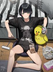Rule 34 | 1girl, absurdres, alcohol, bag, black hair, blue hair, cellphone, colored inner hair, commentary, douryou (buta5813), drunk, green eyes, highres, indoors, lint roller, multicolored hair, original, partially translated, phone, plastic bag, shirt, short shorts, shorts, sitting, smartphone, solo, squeans, stuffed toy, t-shirt, tetto (onnoveltet), tissue box, translation request, two-tone hair, wolf cut