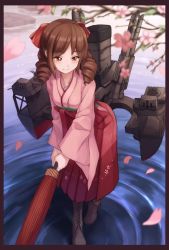 Rule 34 | 10s, 1girl, boots, bow, branch, brown hair, cherry blossoms, cross-laced footwear, delta monster, drill hair, floral print, hair bow, hakama, hakama skirt, half-closed eyes, harukaze (kancolle), high heel boots, high heels, holding, holding umbrella, japanese clothes, kantai collection, kimono, machinery, meiji schoolgirl uniform, oil-paper umbrella, petals, pink kimono, red bow, red eyes, red hakama, skirt, smile, smokestack, solo, standing, standing on liquid, torpedo, turret, twin drills, umbrella