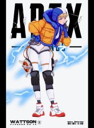 Rule 34 | 1girl, animification, apex legends, blonde hair, blue bodysuit, blue eyes, blue gloves, blue headwear, bodysuit, breasts, cable, copyright name, finger to mouth, gloves, highres, hood, hooded bodysuit, hooded jacket, jacket, knee pads, leaning forward, logo, medium breasts, mika (mikvoh), orange jacket, pillarboxed, ribbed bodysuit, shoes, shushing, sneakers, solo, thigh strap, wattson (apex legends), white background, white bodysuit