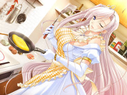 Rule 34 | 1girl, apron, breasts, charlotte hazellink, cooking, dress, elbow gloves, frying pan, game cg, gloves, jewelry, komori kei, long hair, necklace, one eye closed, princess lover, solo, tiara, wink