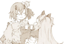 2girls abara_heiki animal_hands broken_horns closed_eyes crown gloves hair_ribbon halloween_costume long_hair miyako_(halloween)_(princess_connect!) miyako_(princess_connect!) mole monochrome multiple_girls open_mouth paw_gloves princess_connect! puffy_sleeves ribbon shinobu_(halloween)_(princess_connect!) shinobu_(princess_connect!) short_hair simple_background sketch smile upper_body white_background