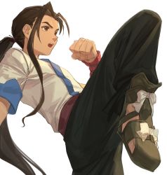 Rule 34 | 1boy, asagi (banzoku210), black hair, clenched hand, closed mouth, fei fong wong, fighting stance, highres, leg up, long hair, male focus, martial arts, ponytail, single hair intake, smile, solo, twitter username, upper body, white background, xenogears