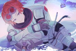Rule 34 | 1girl, animification, apex legends, backpack, bad id, bad pixiv id, bag, black gloves, blue eyes, cloud, floating, freckles, gloves, goggles, goggles on head, highres, horizon (apex legends), leaning to the side, orange hair, pen, rakusebun, robot, sky, smile, solo, spacesuit