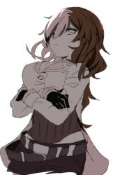 Rule 34 | 1girl, belt, breasts, brown hair, commentary, crossed arms, esu (transc), gloves, large breasts, looking at viewer, multicolored hair, neo politan, pink hair, rwby, solo
