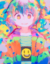 Rule 34 | 1boy, artist request, bad id, bad twitter id, colorful, commentary request, jacket, looking at viewer, male focus, multicolored hair, no lineart, original, pastel colors, short hair, smile, upper body, yellow eyes