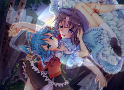 Rule 34 | 2girls, amagumo, aura, blue eyes, blue hair, chinese clothes, dress, drill hair, flat cap, floating, frilled dress, frills, graveyard, hagoromo, hair ornament, hair rings, hair stick, hand in another&#039;s hair, hat, holding hands, hug, kaku seiga, leg ribbon, levitation, light particles, looking at viewer, lying, miyako yoshika, multiple girls, ofuda, on back, open mouth, outstretched arms, ribbon, shawl, smile, star (symbol), tombstone, touhou, twilight, twin drills, zombie pose
