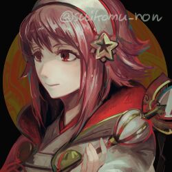 1girl closed_mouth fire_emblem fire_emblem_fates hairband holding holding_staff japanese_clothes looking_to_the_side nintendo pink_eyes pink_hair portrait red_hair sakura_(fire_emblem) smile solo staff suikomu_now white_hairband