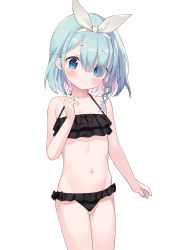 Rule 34 | 1girl, aak, absurdres, arona (blue archive), bikini, black bikini, blue archive, blue eyes, blue hair, blush, bow, braid, frilled bikini, frills, hair bow, hair over one eye, highres, navel, ribbon, short hair, simple background, smile, solo, swimsuit, thighs, white background