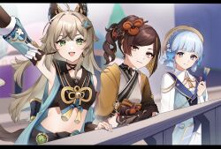 Rule 34 | 3girls, :d, ahoge, animal ears, arm up, ayaka (genshin impact), bare shoulders, black shirt, blue eyes, blue hair, brown eyes, brown hair, cat ears, chiori (genshin impact), commentary request, crop top, detached sleeves, genshin impact, green eyes, grey kimono, hand up, haori, hat, highres, holding, japanese clothes, kamisato ayaka, kamisato ayaka (springbloom missive), kimono, kirara (genshin impact), letterboxed, long hair, looking at viewer, midriff, multiple girls, open clothes, open mouth, ponytail, railing, shin (mac no), shirt, short hair, sleeveless, sleeveless shirt, smile, very long hair