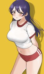 Rule 34 | 1girl, :t, absurdres, alternate breast size, arms behind back, blush, breasts, buruma, closed mouth, drop shadow, dunchy, gym uniform, highres, large breasts, leaning forward, long hair, looking at viewer, love live!, midriff, navel, pout, purple hair, red buruma, shirt, short sleeves, solo, sonoda umi, standing, white shirt, yellow background, yellow eyes