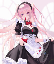 Rule 34 | 1girl, absurdres, alternate costume, apron, bad id, bad twitter id, black bow, bow, bowtie, breasts, clothes lift, dress, dress lift, highres, hololive, hololive english, jiang ye kiri, large breasts, long hair, maid, maid headdress, mori calliope, pink hair, puffy sleeves, red eyes, skull, smile, solo, twintails, upper body, virtual youtuber, white apron, window