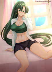 Rule 34 | 1girl, absurdres, artist name, bed, bike shorts, blush, breasts, cleavage, collarbone, commentary, earrings, fire emblem, gluteal fold, green eyes, green hair, hair between eyes, highres, jewelry, large breasts, long hair, long sleeves, looking at viewer, lyn (fire emblem), navel, nintendo, open clothes, open shirt, patreon username, ponytail, shirt, sitting, solo, very long hair, vilde loh hocen, watermark, window